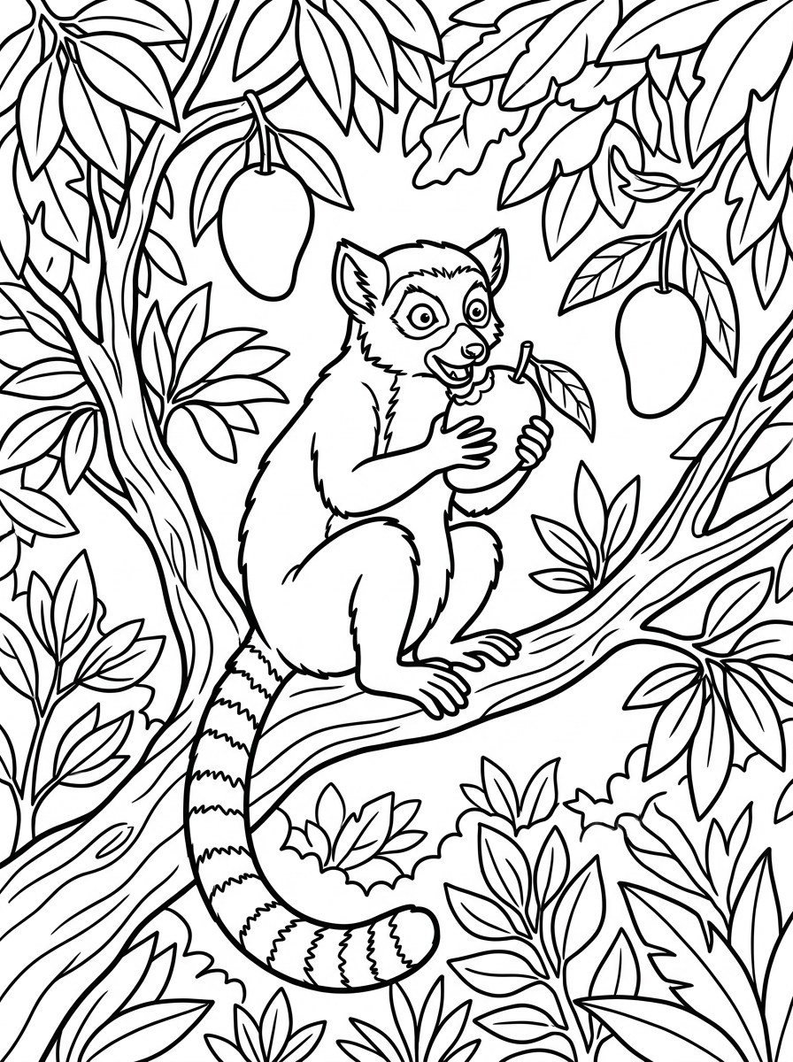 Lemur äter mango i trädet