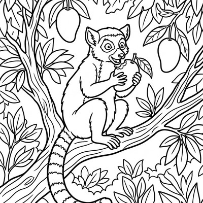 Lemur äter mango i trädet