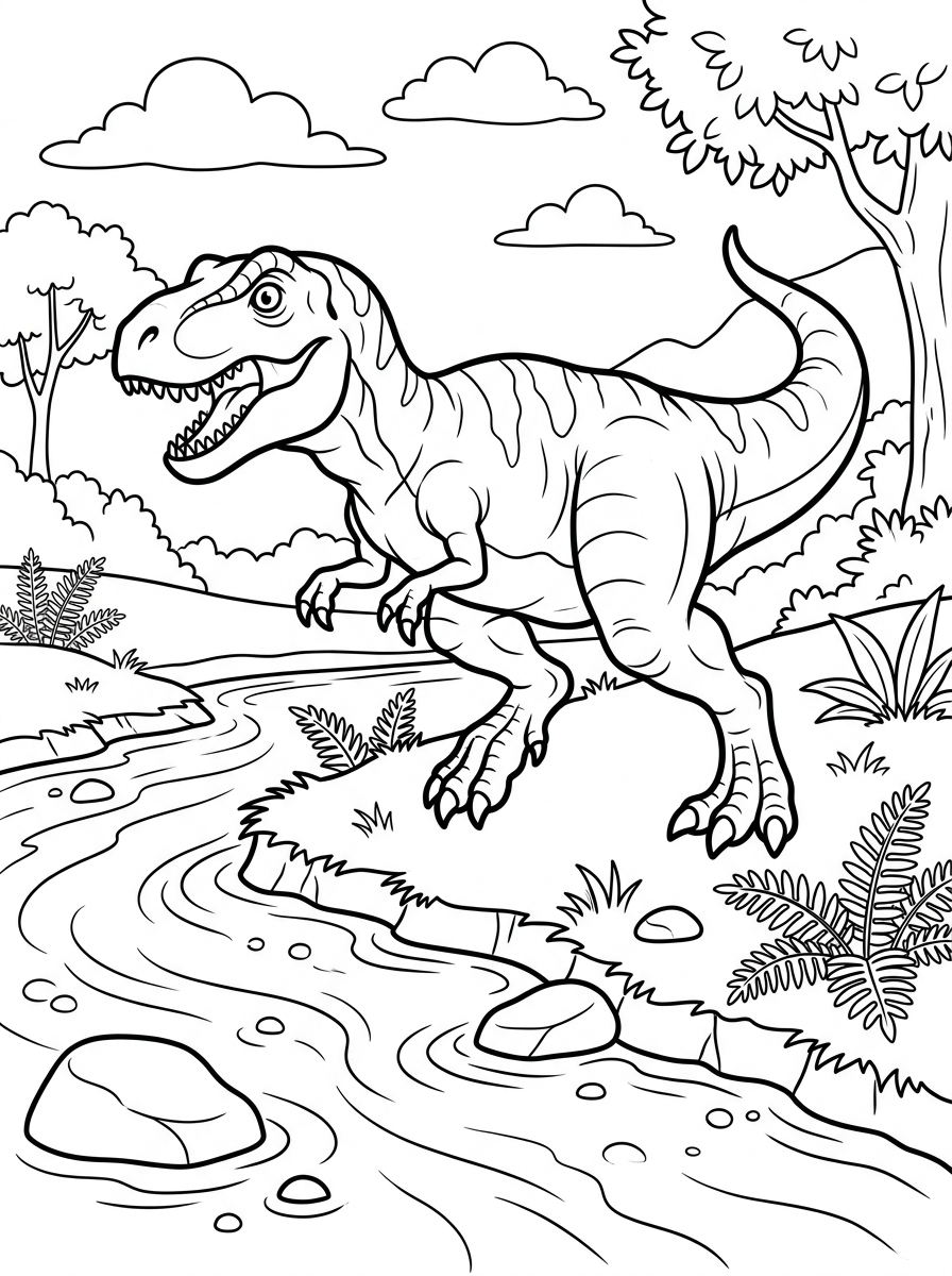 T-rex jagar vid flodstranden