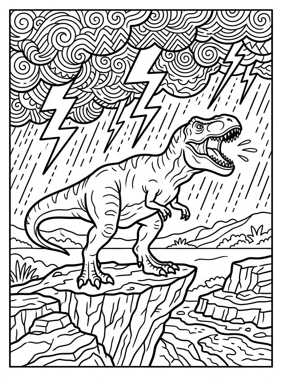 T-rex ryter mot stormig himmel