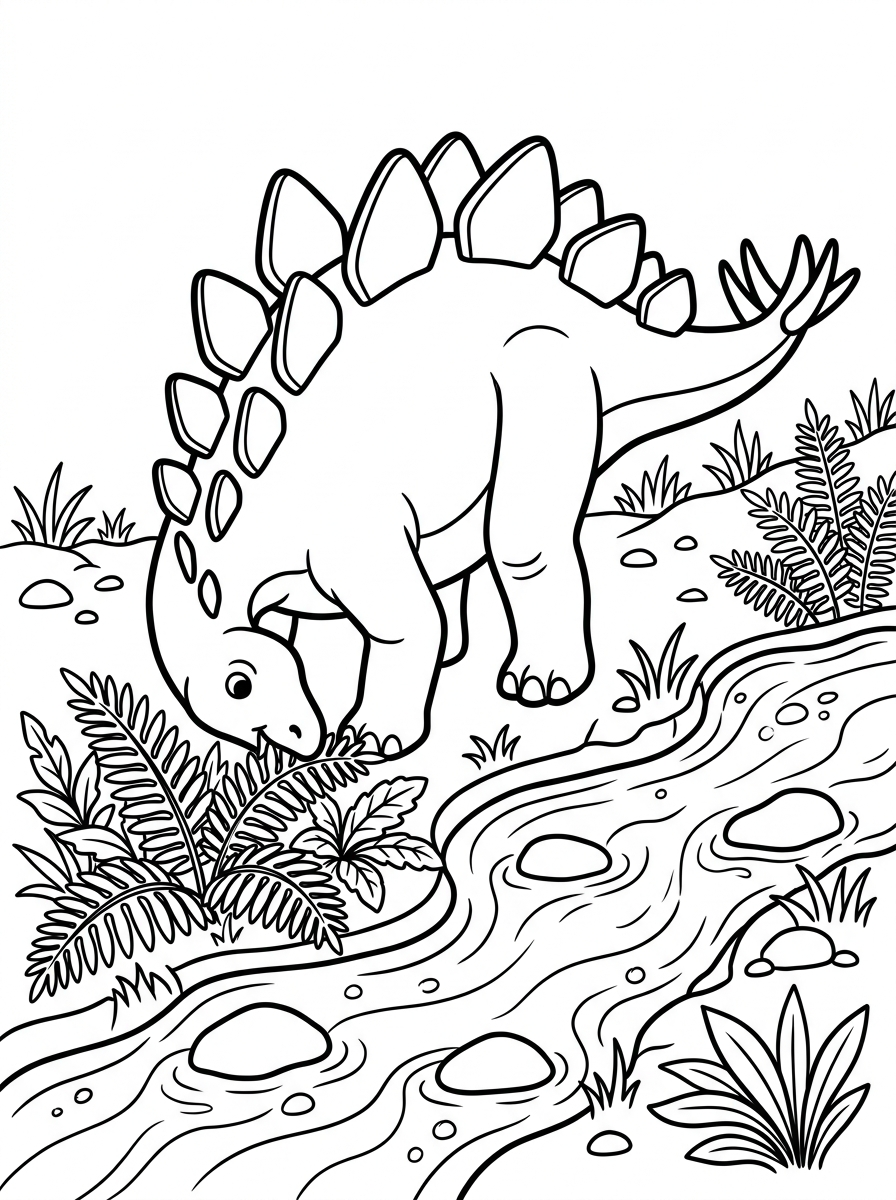 Stegosaurus äter ormbunkar vid bäcken