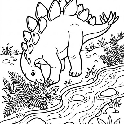 Stegosaurus äter ormbunkar vid bäcken
