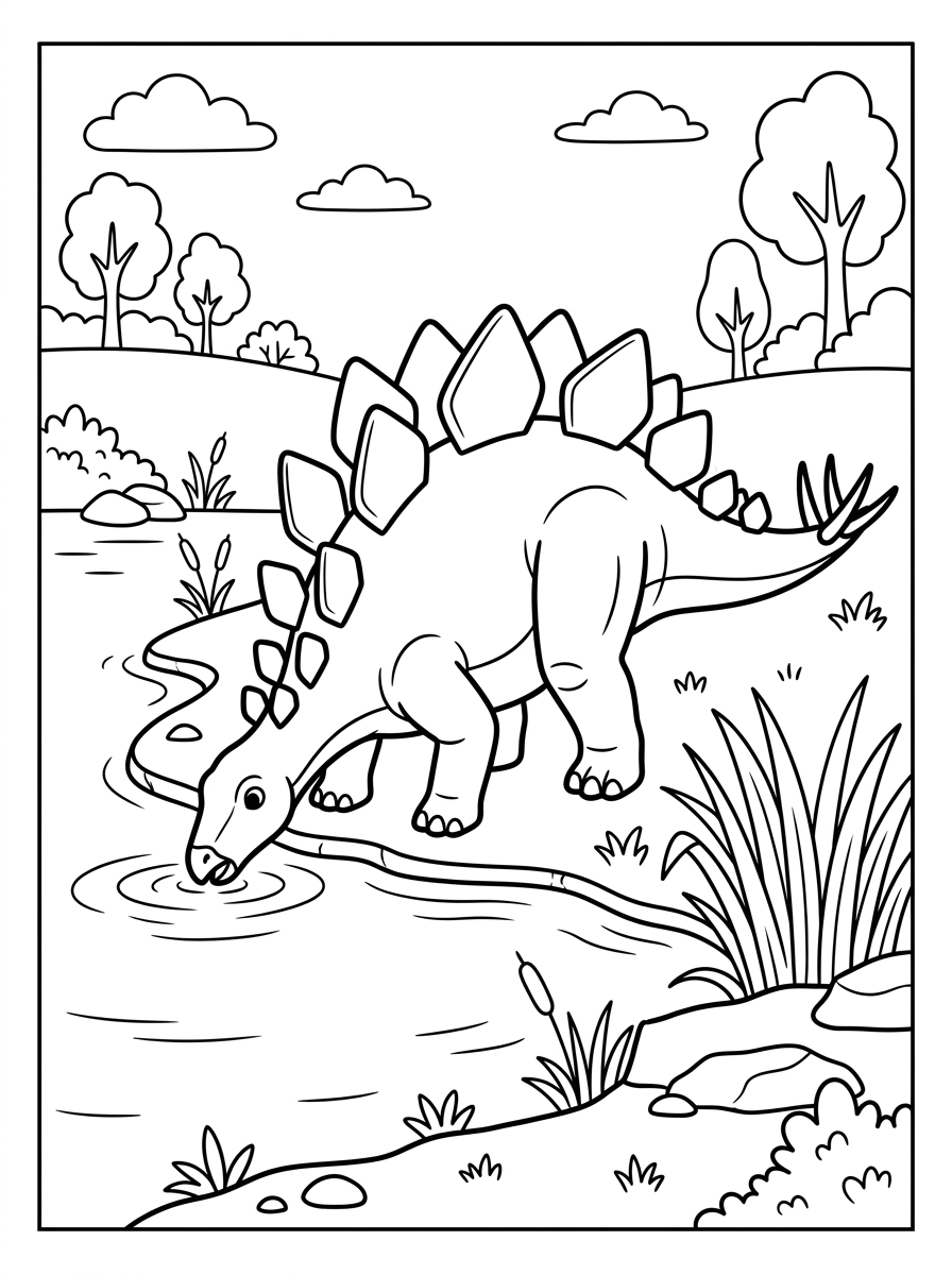 Stegosaurus dricker vid sjön