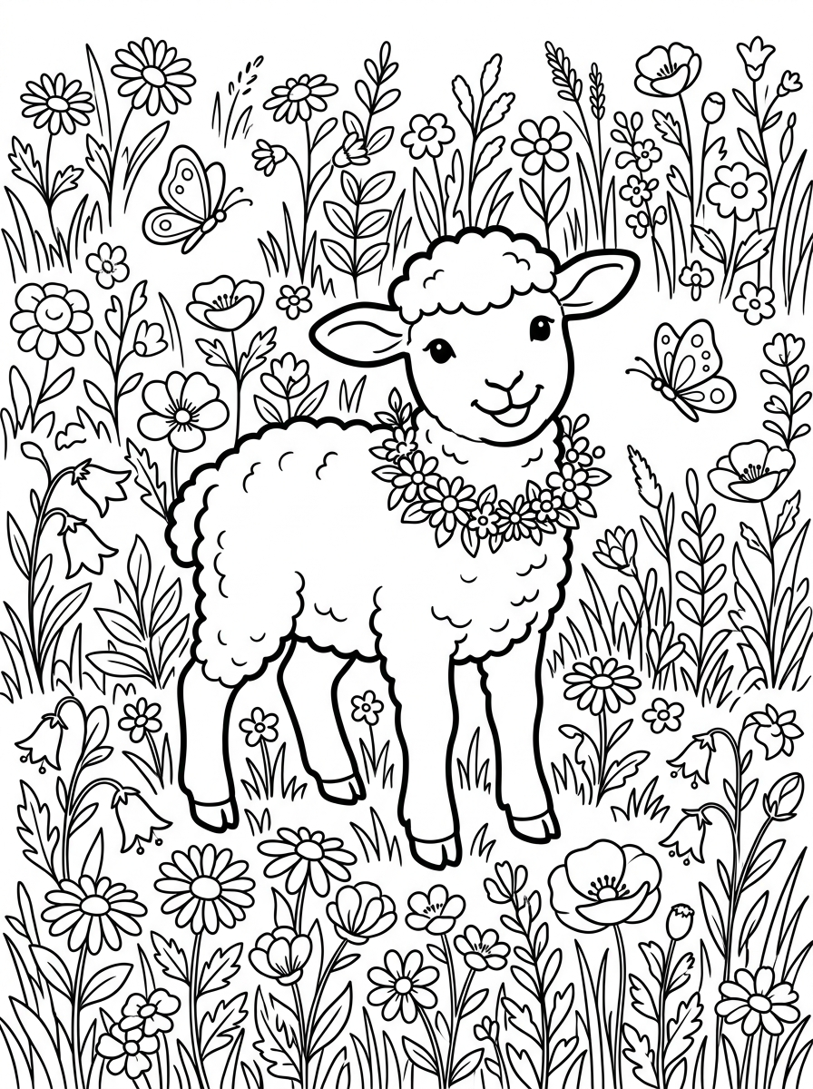 Lamm med blomsterkrans på ängen