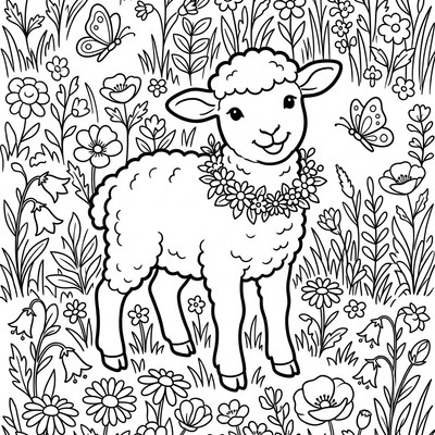 Lamm med blomsterkrans på ängen