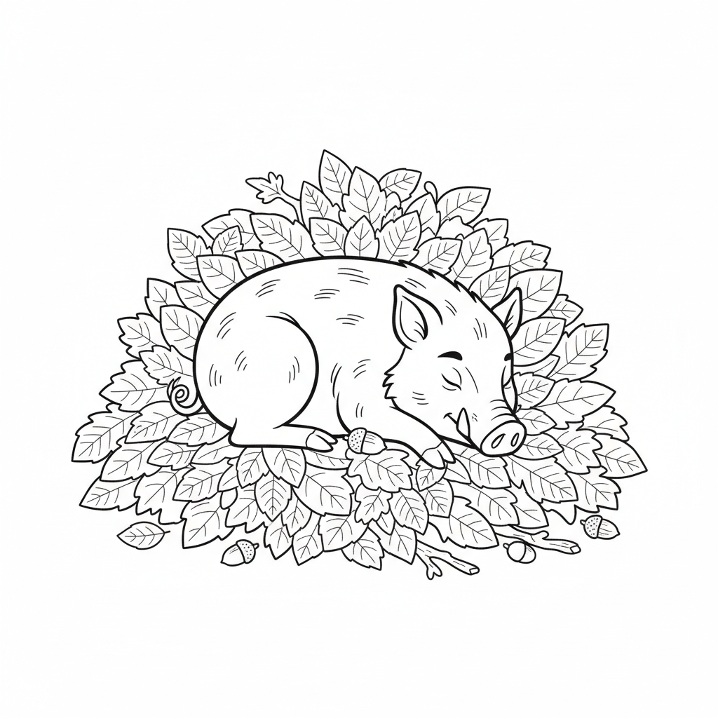 Vildsvin som sover i lövhög