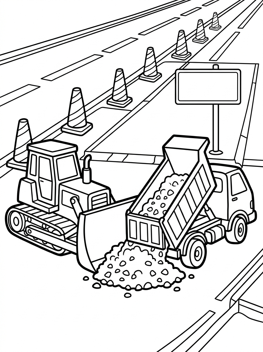 Bulldozer och lastbil vid vägbygge