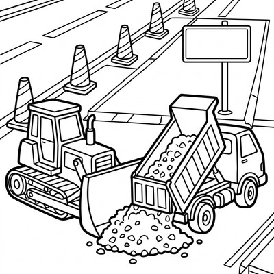 Bulldozer och lastbil vid vägbygge