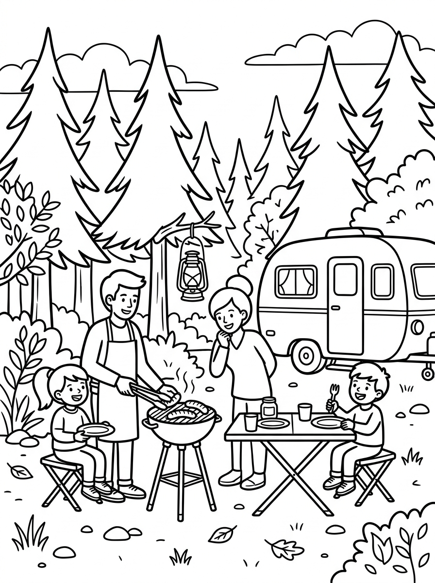 Familj grillar bredvid husbilen