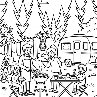Familj grillar bredvid husbilen