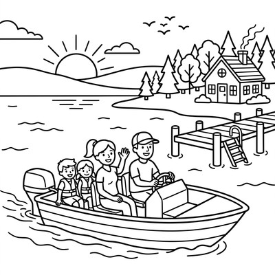 Familj åker motorbåt i solnedgång