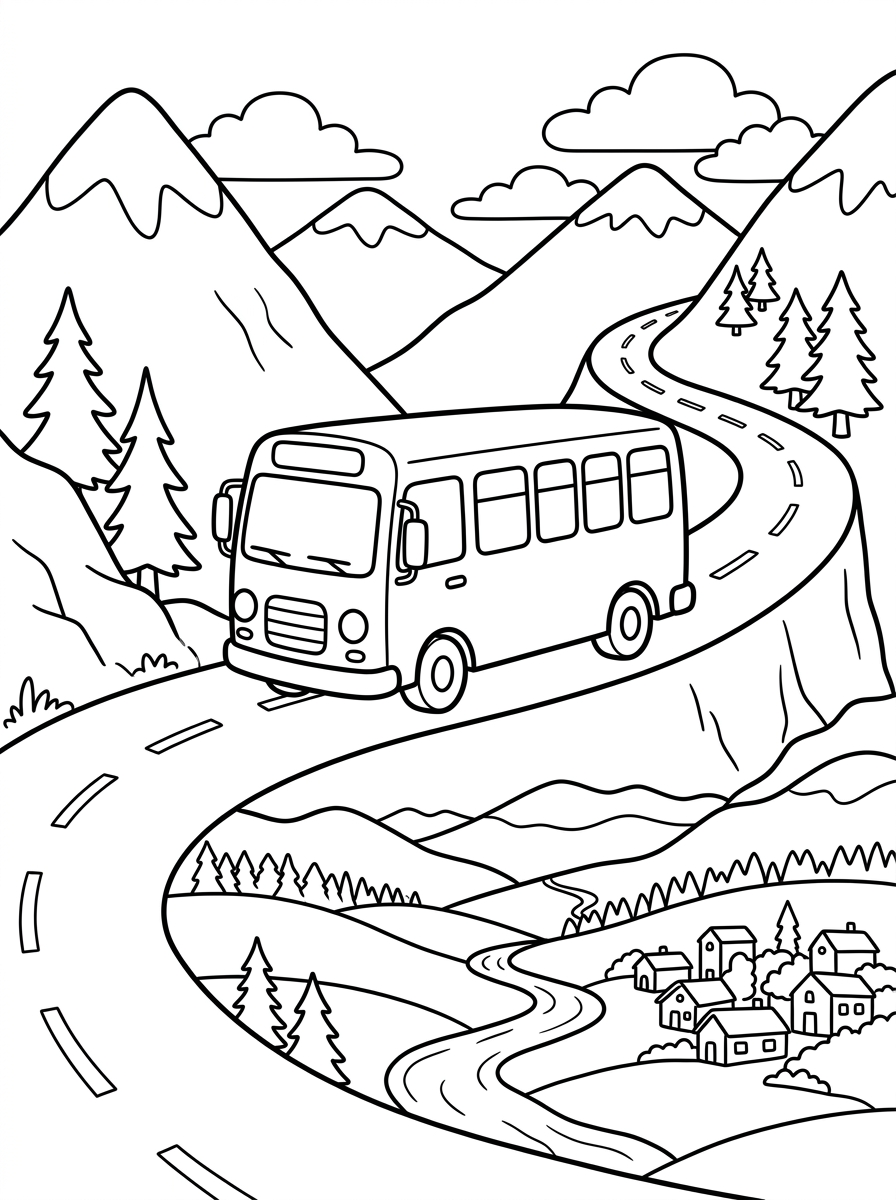 Buss kör i bergsväg med utsikt