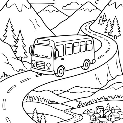 Buss kör i bergsväg med utsikt