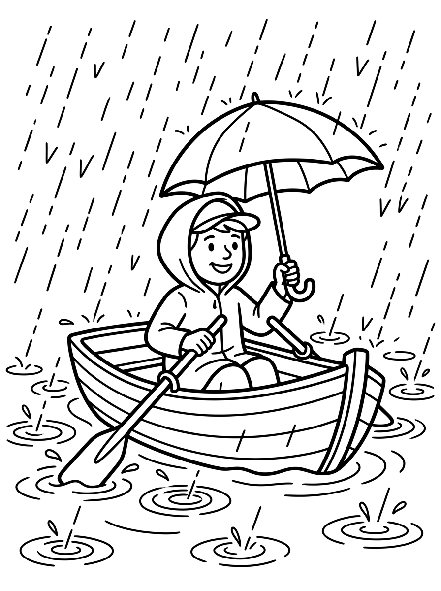 Roddbåt i regn med paraply