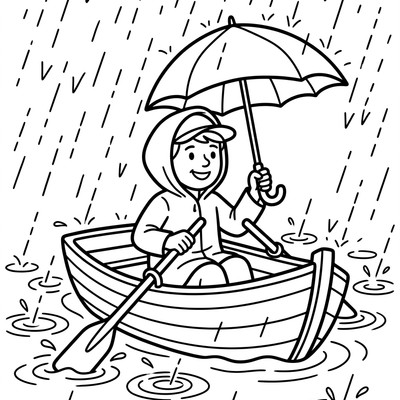 Roddbåt i regn med paraply
