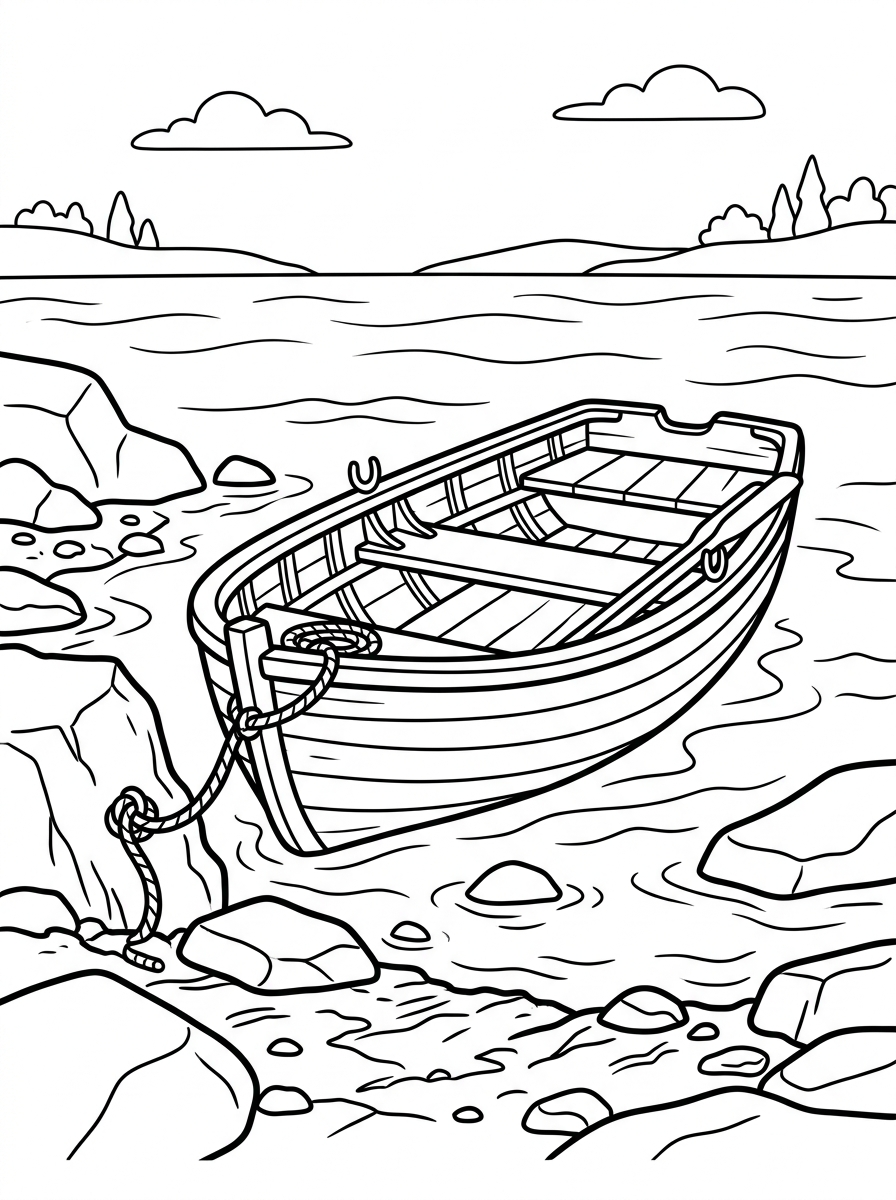 Gammal roddbåt vid stenig strand