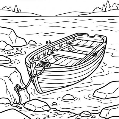 Gammal roddbåt vid stenig strand