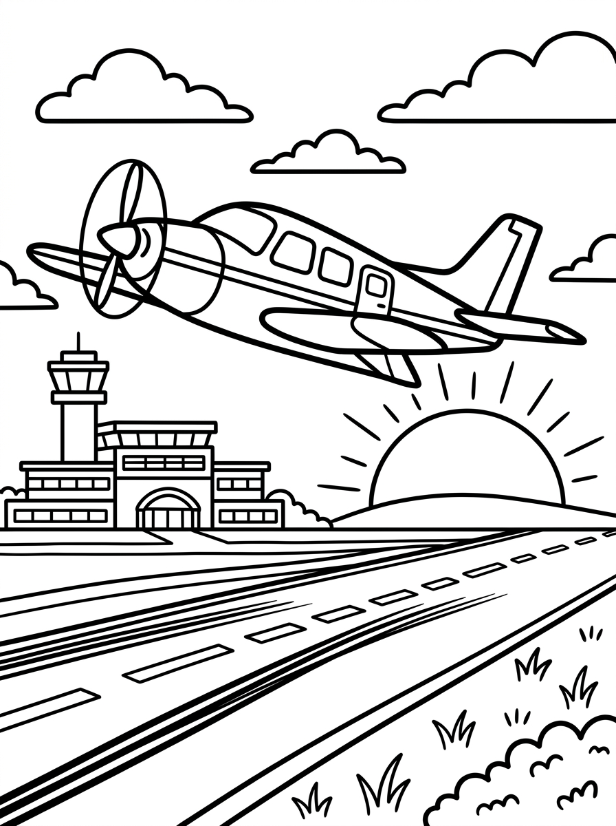 Flygplan lyfter i solnedgång