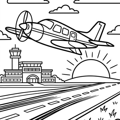 Flygplan lyfter i solnedgång