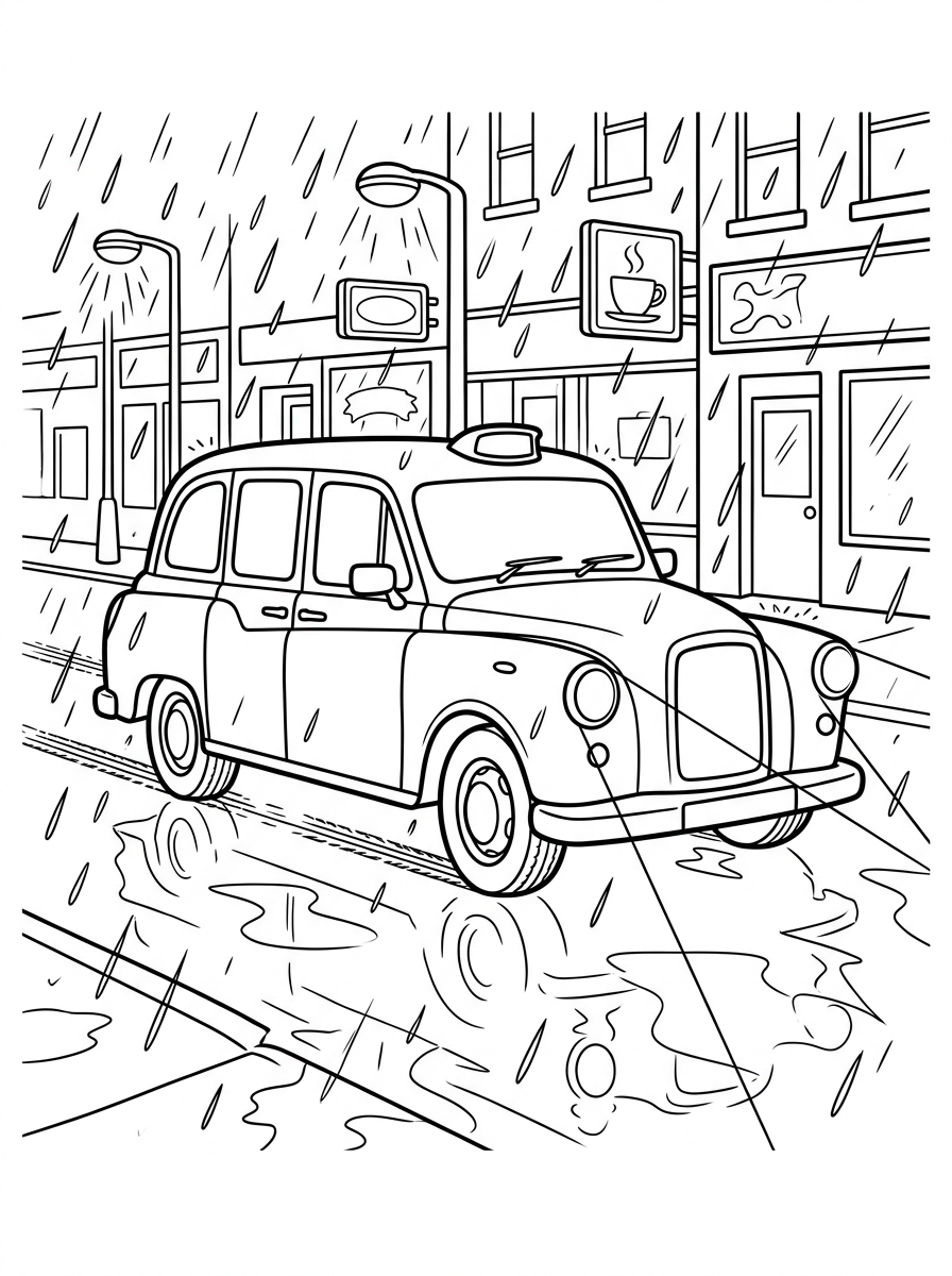 Taxibil kör i regn på natten