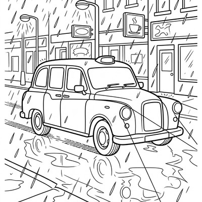 Taxibil kör i regn på natten