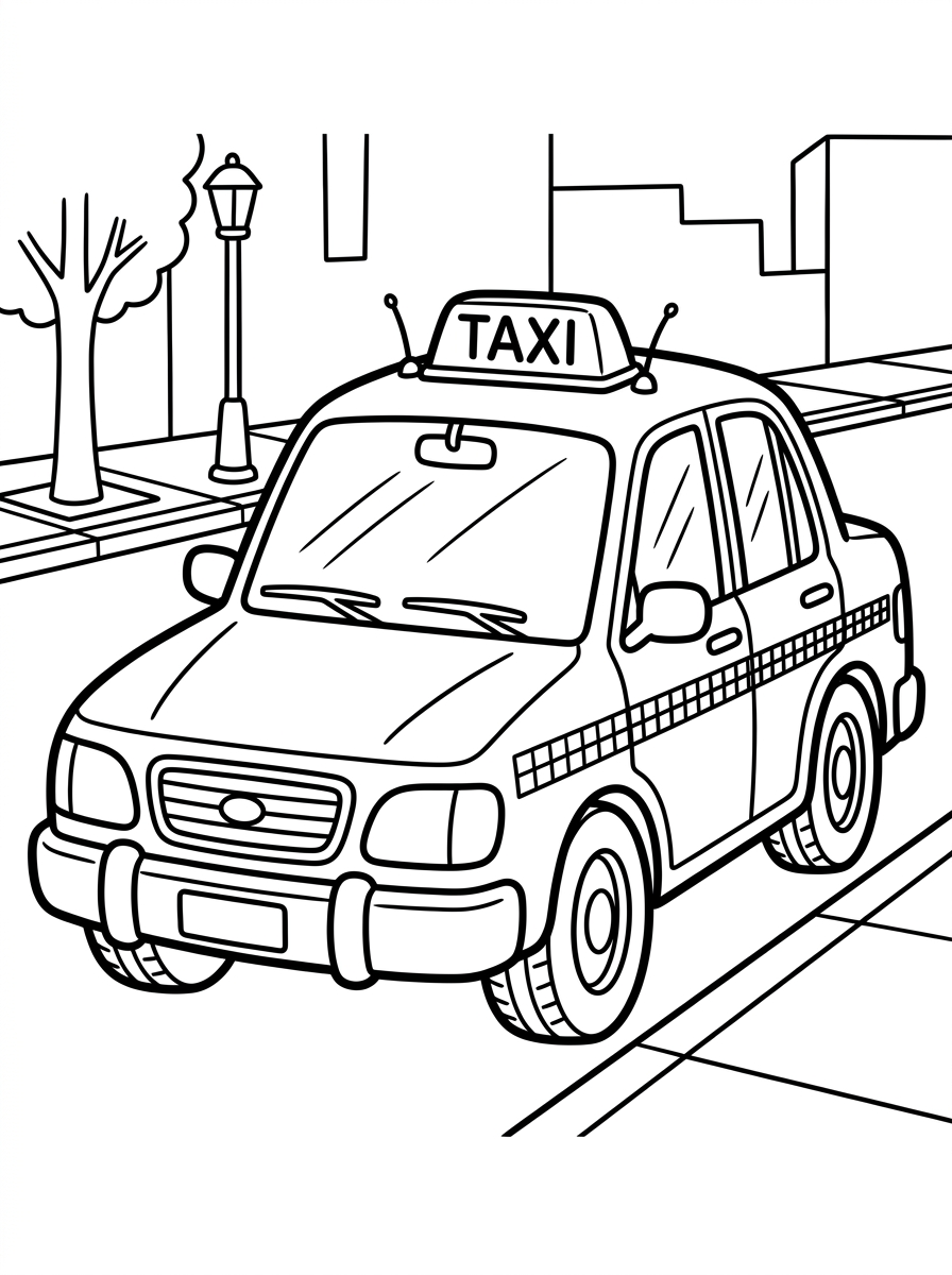 Gul taxibil vid trottoarkanten