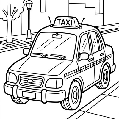 Gul taxibil vid trottoarkanten