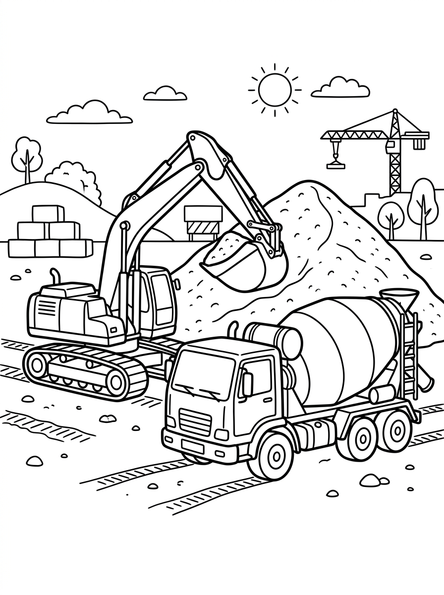 Cementbil och grävmaskin samarbetar
