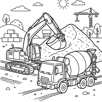 Cementbil och grävmaskin samarbetar