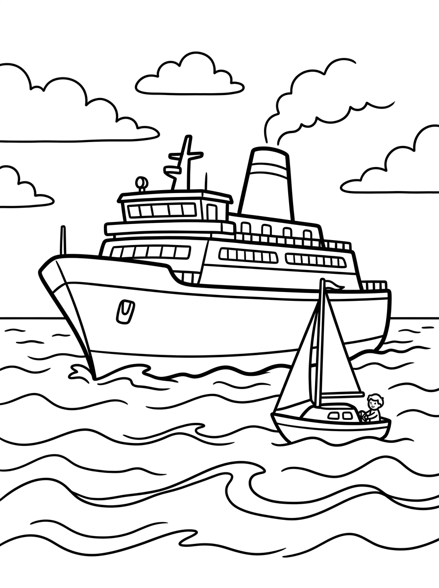Stor färja möter en segelbåt