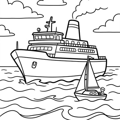 Stor färja möter en segelbåt
