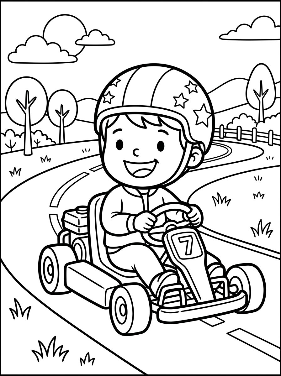 Barn kör go-kart med hjälm