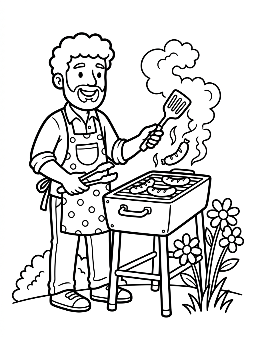 Fars dag grillar korv i trädgården
