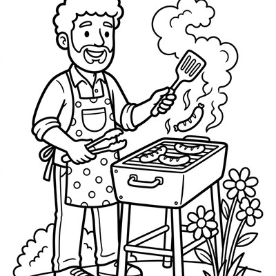Fars dag grillar korv i trädgården