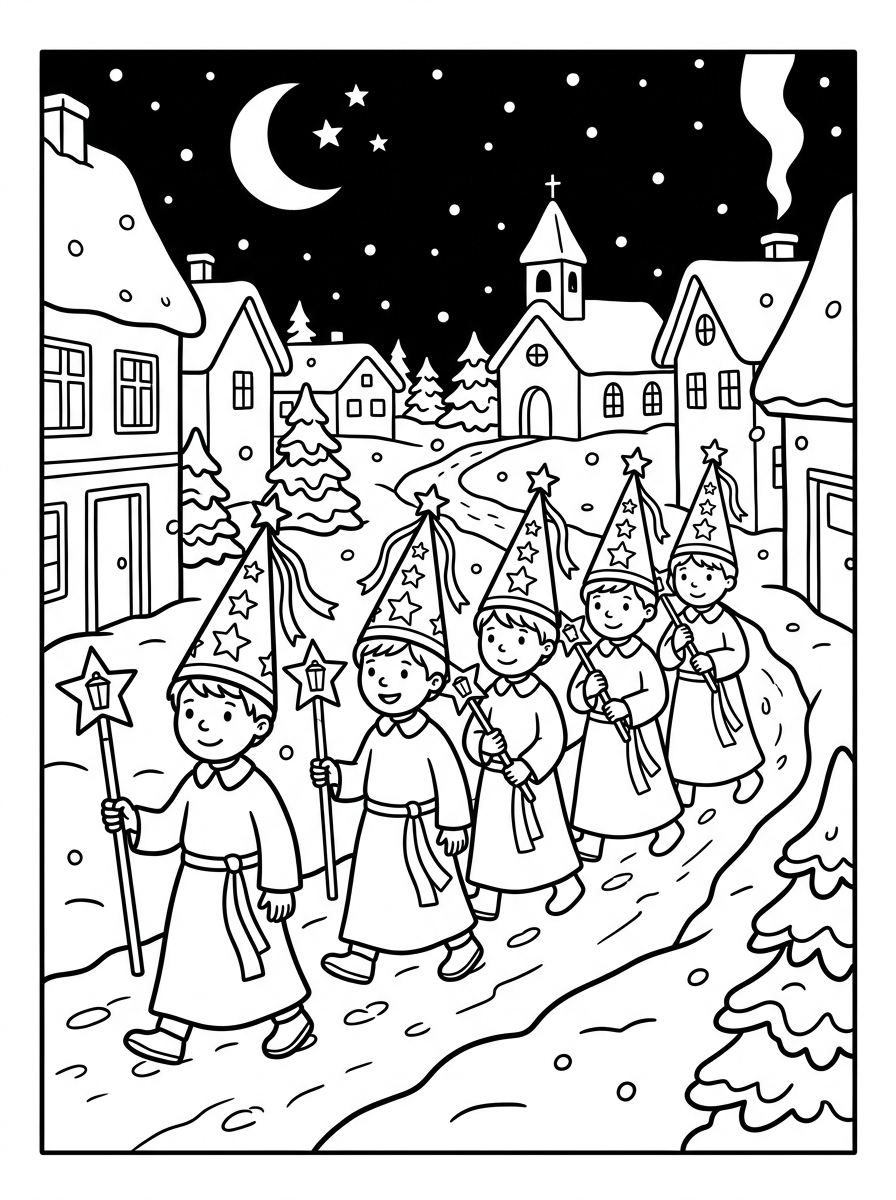 Stjärngossar går i procession genom snön