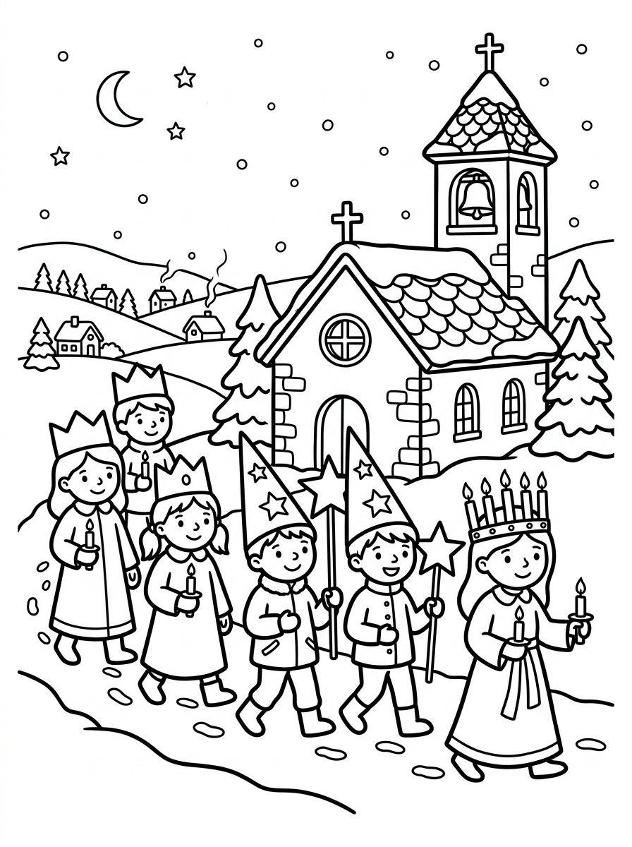 Lucia tåg utanför en kyrka i byn