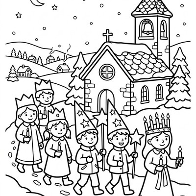 Lucia tåg utanför en kyrka i byn