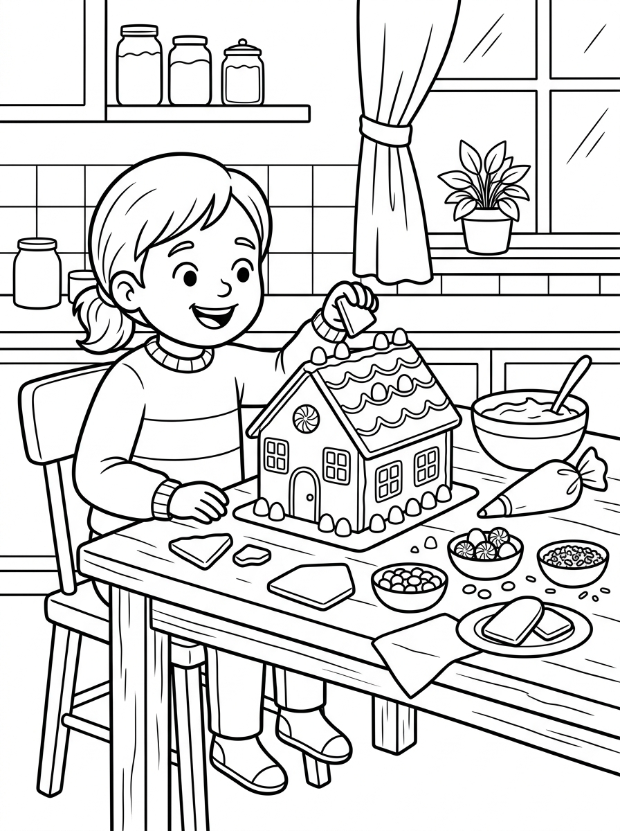 Barn bygger ett pepparkakshus vid köksbordet