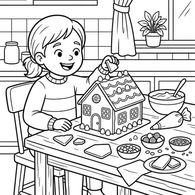 Barn bygger ett pepparkakshus vid köksbordet