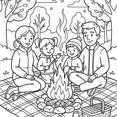 Familjer samlas kring en brasa med filtar