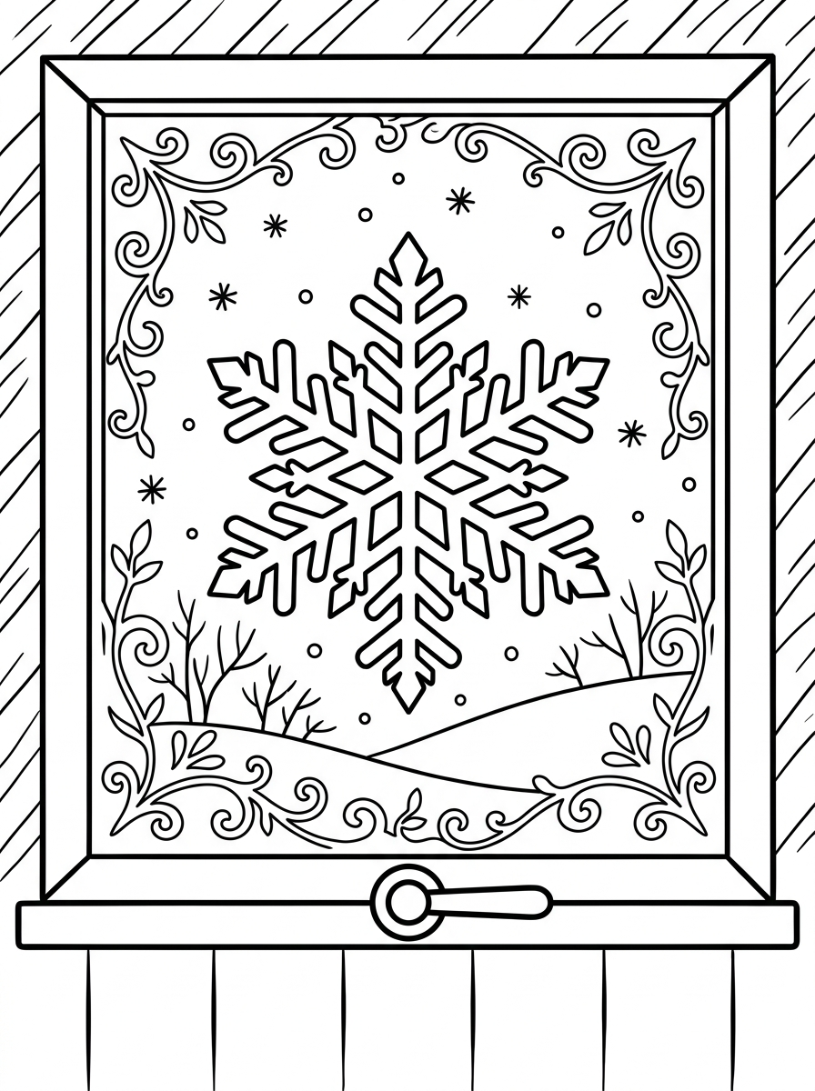 Snöflinga syns genom ett frostigt fönster