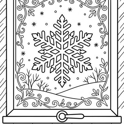Snöflinga syns genom ett frostigt fönster