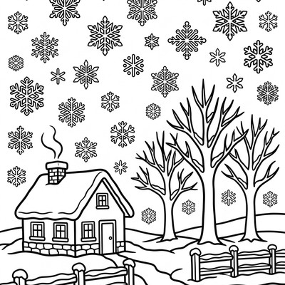 Snöflingor faller över ett vinterlandskap med hus