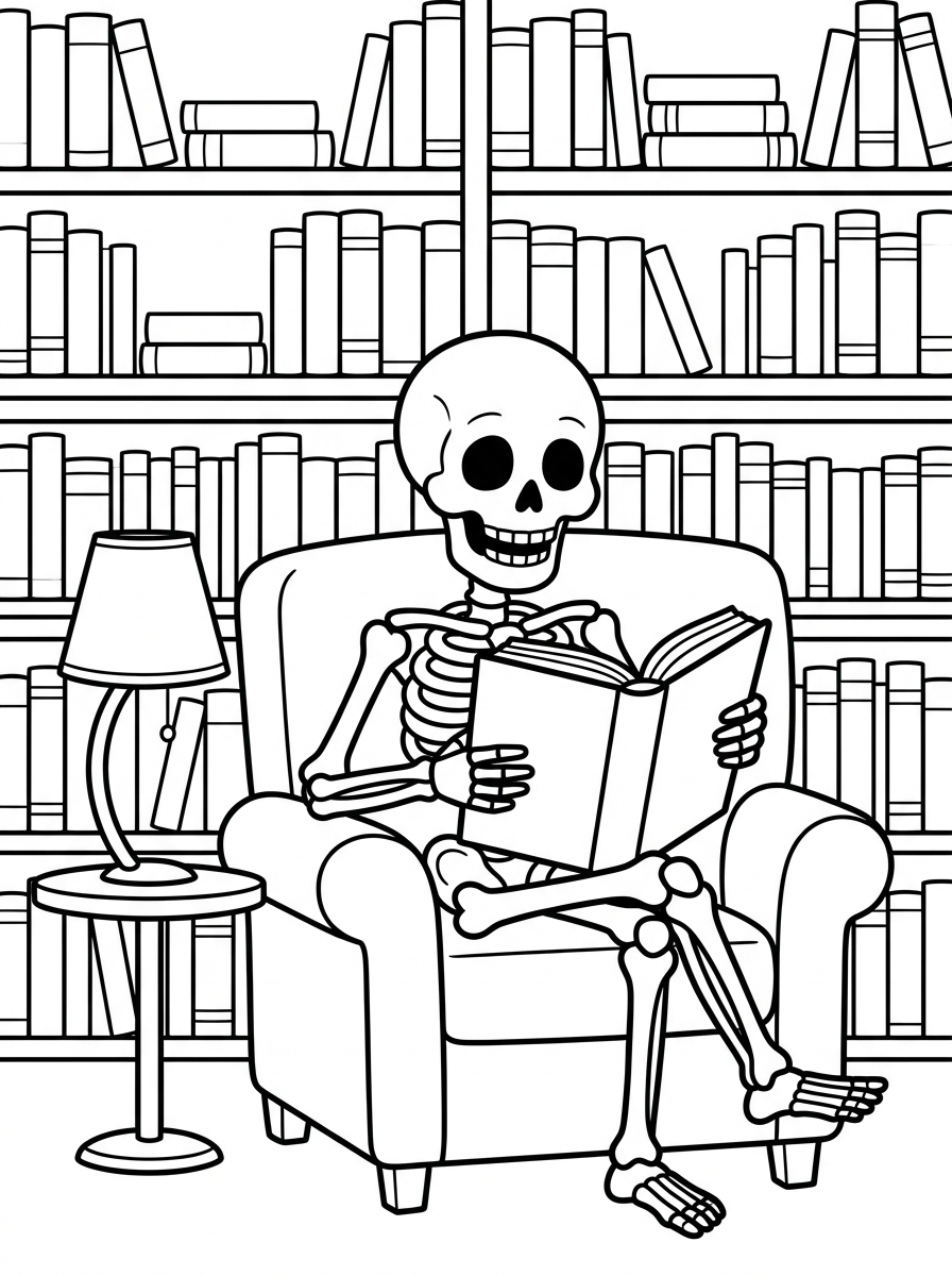 Skelett sitter och läser en bok i ett bibliotek
