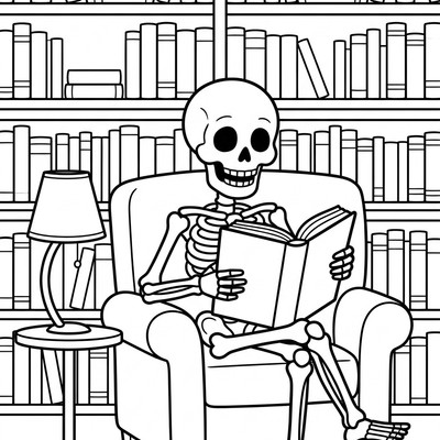 Skelett sitter och läser en bok i ett bibliotek