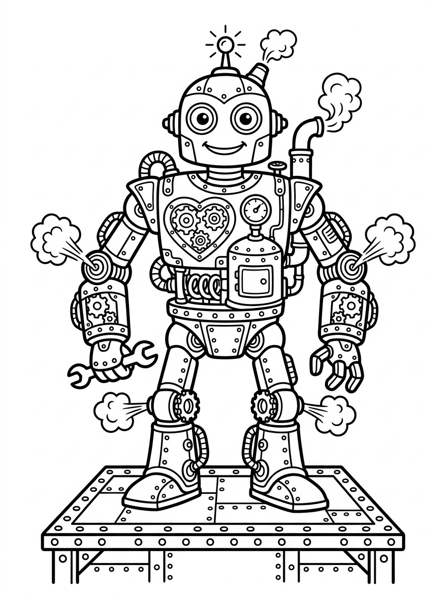 Steampunk robot med kugghjul och ånga