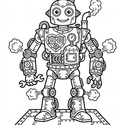 Steampunk robot med kugghjul och ånga