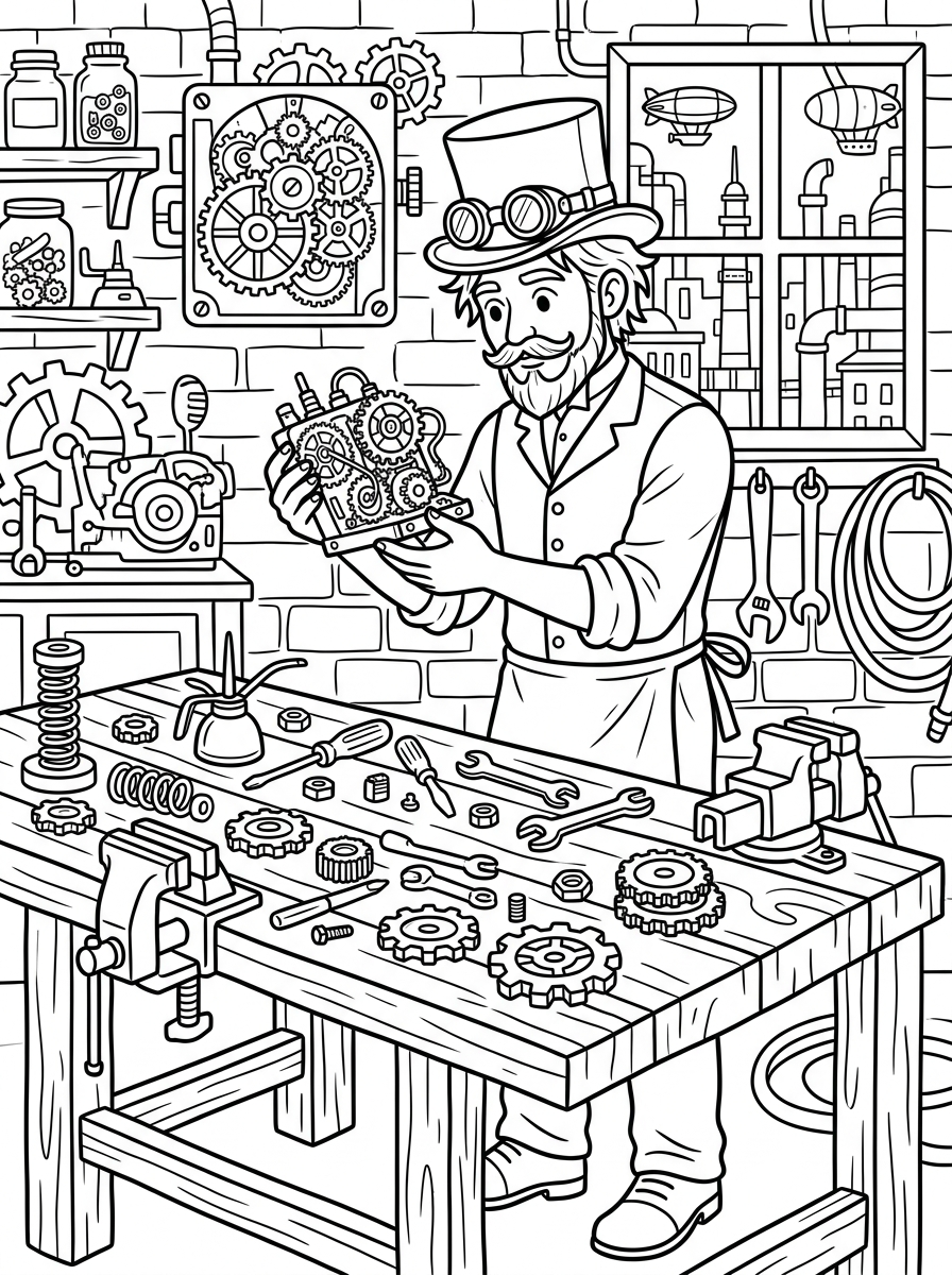 Steampunk uppfinnare vid sin verkstadsbänk