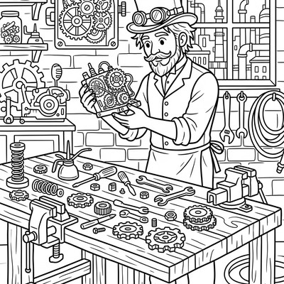 Steampunk uppfinnare vid sin verkstadsbänk