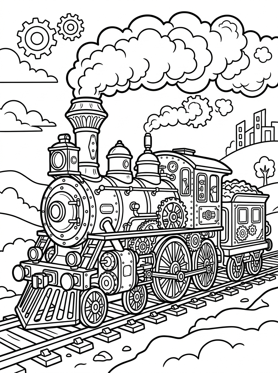 Steampunk tåg puffar fram på skenor